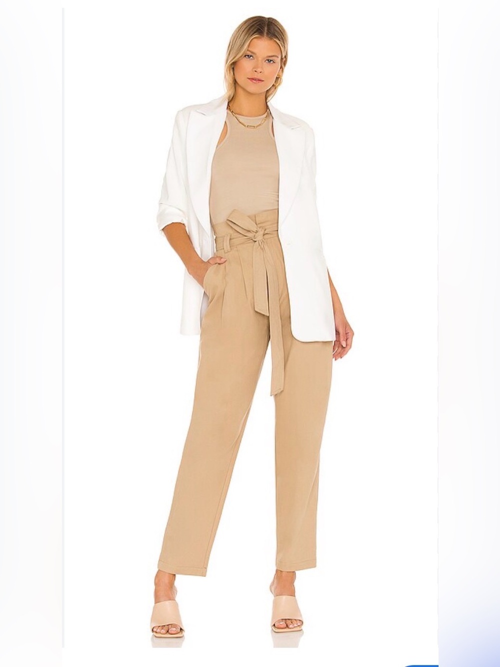Lovers and Friends Faye Pant High-Waist Belted Paperbag Pant in Tan 100% cotton